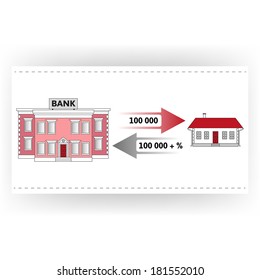 Vector illustration: mortgage loan to buy a house. Returns mortgage loan with interest. Infographics: Mortgage loan as a cash flow. Buying real estate in white, red, grey colors.
