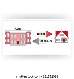 Vector illustration: mortgage loan to buy a house. Returns mortgage loan with interest. Infographics: Mortgage loan as a cash flow. Buying real estate in white, red, grey colors.