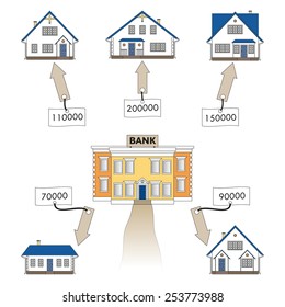 Vector illustration: mortgage loan to buy a house. Infographics: Mortgage loan as a cash flow. Buying real estate in white, blue, grey colors. Banking services for the provision of mortgage lending.