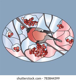 Vector illustration of mosaic gradiented bullfinch sitting on a rowan snow covered branch in a circle stained glass