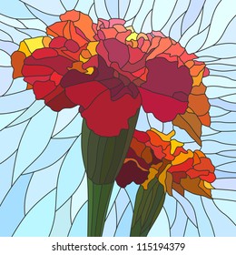 Vector illustration mosaic with large cells of brightly red marigold (Tagetes) on light blue.