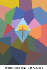 Vector Illustration of Mosaic Painting of Cross Sunset.