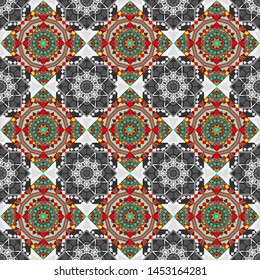 Vector illustration. Mosaic seamless pattern. Background of geometric shapes and Mandalas in pink, blue and gray colors.