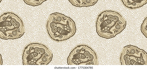 Vector illustration of mosaic seamless pattern in antique style. Tiles with owl and mosaic pieces in the old style on a white background.
