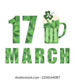 Vektorgrafik mit Mosaikstil-Inschrift vom 17. März und Biermug Happy St. Patrick's Day Ireland Shamrock Clover Blatt Irish Holiday Party FestFeierfestliche keltische Kultur Lucky Design für Druck