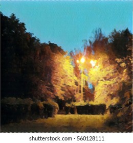 Vector illustration in mosaic style depicting an bright street light in a evening park 