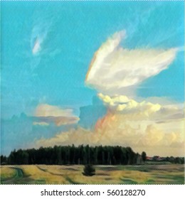 Vector illustration in mosaic style depicting a summer landscape with blue sky and clouds