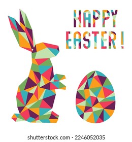 Ilustración vectorial con estilo mosaico Inscripción Feliz Pascua, Conejo, Huevo Pascua. Concepto festivo. Fondo de vacaciones. Sorpresa. Caza de huevos de Pascua. Juego divertido para niños. Conejo animal