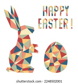 Vector illustration with mosaic style Happy Easter inscription, Bunny, Easter egg. Festive concept. Holiday background. Surprise. Hunt for Easter eggs. Fun game for children. Animal Rabbit
