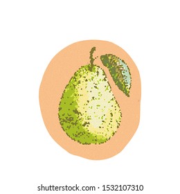 Vector illustration in mosaic style with pear fruit pattern. Isolated green shade object on a white background in an orange circle. It can be used for drawing on a tile or as a decor.