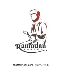 Vector Illustration of moslem man praying for Ramadan Kareem with white background and typography. Vector Illustration