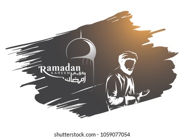 Vector Illustration of moslem man praying for Ramadan Kareem background with arabic text. Vector Illustration