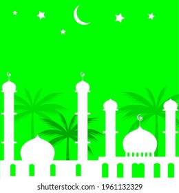 Vektorgrafik einer Moschee und einer Dattelpalme auf grünem Hintergrund, geeignet für Ramadan, Eid, Eid Al-Adha oder andere muslimische Feiern.