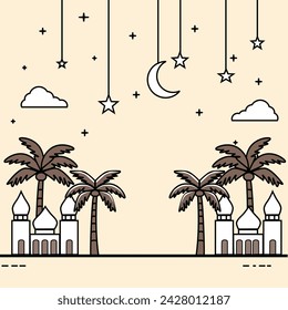 vector illustration of a mosque and date palm tree with clouds, stars and moon decoration. Suitable as a template or background for greetings for Ramdhan, Eid al-Fitr and other Islamic holidays.