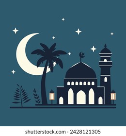 vector illustration of mosque and date palm tree at night with stars and crescent moon. Suitable as a template or background for greetings for Ramdhan, Eid al-Fitr and other Islamic holidays.