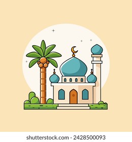 ilustración vectorial de una mezquita y palmeras datileras con luna llena en el fondo. Conveniente como plantilla o fondo para saludos para Ramadán, Eid al-Fitr y otras festividades islámicas.