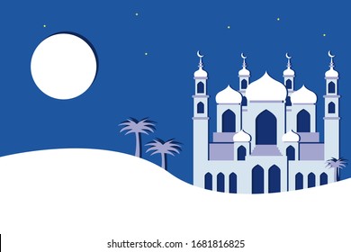 Vector illustration of a mosque in the desert during beautiful Ramadan at night.
