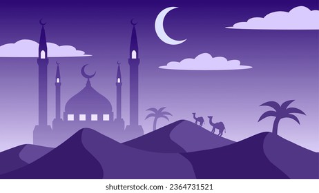 Vector illustration of mosque in the deserts. Mosque in the night with crescent moon for mubarak. Ramadan design graphic in muslim culture and islam religion. Islamic illustration background design