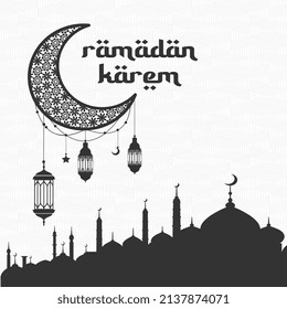 vector illustration, mosque design, moon and lanterns, ramadan karem decoration silhouette template
