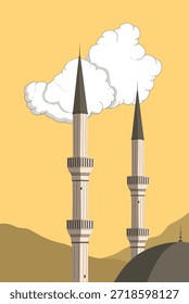 Ilustración vectorial de una cúpula de mezquita y dos minaretes con una nube, colina y cielo.
