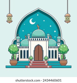 Vector illustration of mosque in flat design style. Ramadan Kareem.