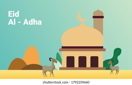 vector illustration of the mosque with goats to celebrate Eid al-Adha, Islamic muslim event concept design.
