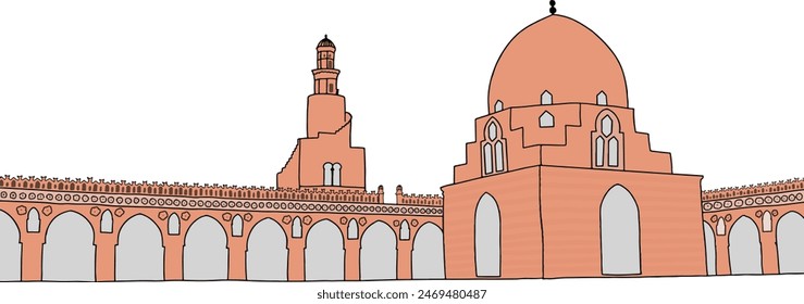 Ilustración vectorial de la Mezquita de Ibn Tulun. El Cairo medieval. Egipto.