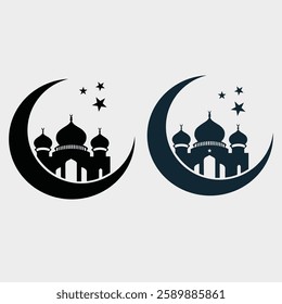 Vector Illustration of a Mosque Icon Silhouette with Moon for Islamic, An image of a crescent moon in black and white with stars and a mosque, representing spirituality, Ramadan, and Islamic culture.