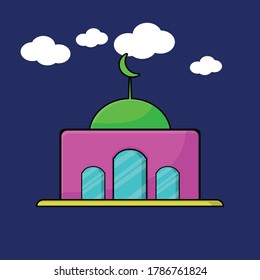 Vektorgrafik der Moschee, islamisches Zentrum, rosafarben auf blauem Hintergrund