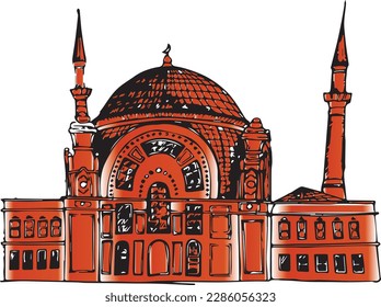 A vector illustration of a mosque masjid with a minaret and a dome