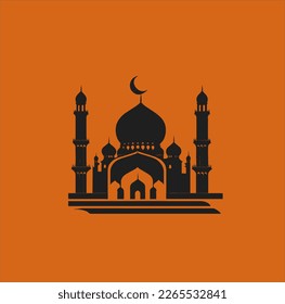 Vector illustration of a mosque and in a minimalist style. Perfect for Ramadan Kareem greeting design elements. Orange color background template, Ramadan theme.