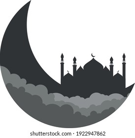 vector illustration of mosque and moon silhouette with cloud decoration.
