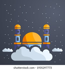 vector illustration of a mosque on the clouds, at night full of stars.  illustrations for islsm, ramadhan kareem, eid mubarak.  vector minimalistic flat design background.
