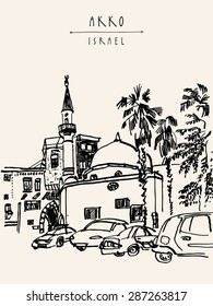 Vector illustration of a mosque, palm trees and cars in Akko, Israel. Grungy black ink marker drawing. Postcard greeting card template. Freehand travel sketch with space for text. Hand lettered title