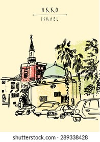Vector illustration of a mosque, palm trees and cars in Akko, Israel. Grungy black ink marker drawing. Vertical postcard greeting card template. Travel sketch with space for text. Hand lettered title
