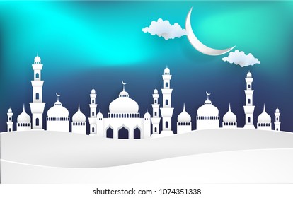 vector illustration mosque with paper art style. there is a beautiful sky.