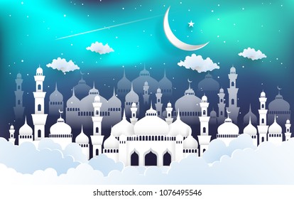vector illustration mosque with paper art style. there is a beautiful sky.