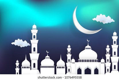 vector illustration mosque with paper art style. there is a beautiful sky.