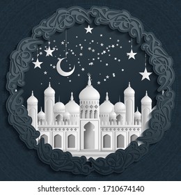Vector Illustration of a mosque in papercut style in night scene