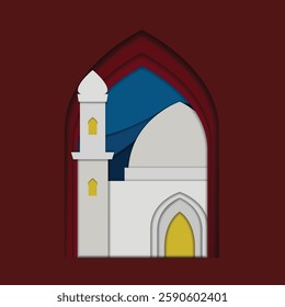 Vector illustration of a mosque in a papercut style with elegant layered details. Perfect for Ramadhan,  Islamic event and greeting card designs. EPS format, fully editable and scalable