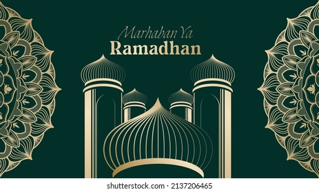 vector illustration of mosque and ramadan kareem greeting poster frame. Ramadan greeting document. mosque line vector golden line illustration 