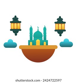 ilustración vectorial de mezquita, linterna de ramadán, nubes sobre fondo blanco 