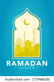 Vektorgrafik der Moschee im arabischen Fenster. religiöses und religiöses Konzept. Gotteshaus und ramadan kareem Konzept mit flacher Vektorgrafik