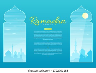 ilustración vectorial de la mezquita en la ventana árabe. concepto religioso y religioso. Ilustración vectorial plana por concepto de casa de culto y ramadan kareem