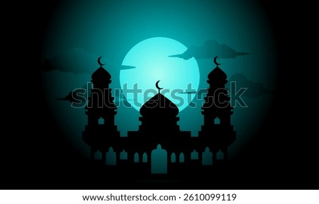 vector illustration of a mosque, Mosque Silhouette at Night with Crescent Moon and Subtle Clouds Against Teal Moonlight
