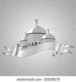 Vector illustration Mosque in silver ribbon isolated on floral background.