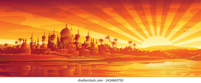 vector illustration of the mosque at sunrise