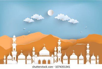 vector illustration mosque. there are beautiful mountains. Ramadan Kareem. beautiful paper art style.