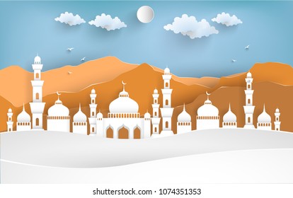 vector illustration mosque. there are beautiful mountains. Ramadan Kareem. beautiful paper art style.