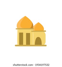 Vector illustration of mosque with two dome mascot logo with yellow gold color. For ramadhan, moslem, islamic, eid. Flat color flat design 